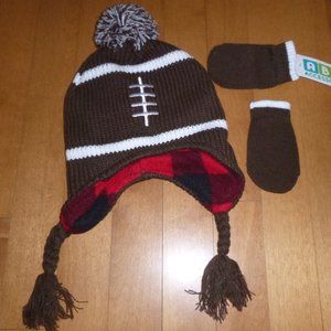 Baby Boys Brown Football Hat Fleece Lining & Mittens set Size 6/12 months NWT